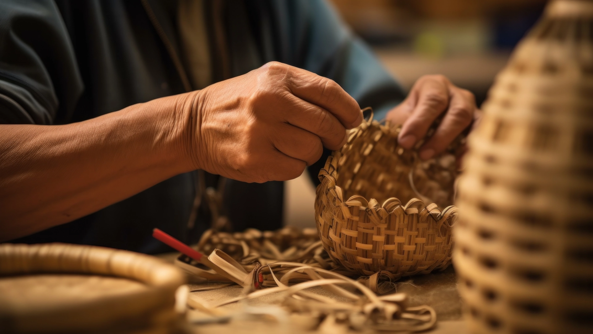 Foto delle mani di una persona che sta realizzando un cesto